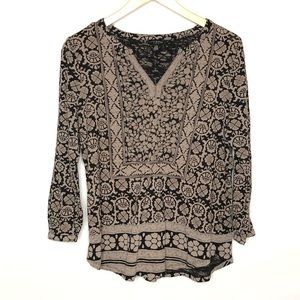 Lucky Brand Floral Print Top Tan and Black 3/4 Sleeve Size Large